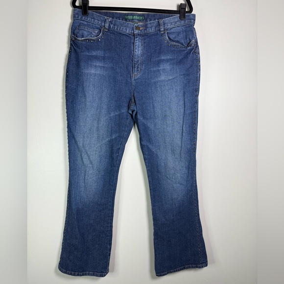 Ralph Lauren BOHO Denim Blue Jeans with Gold Studs down Sides/Pockets Size 14 - Picture 1 of 5